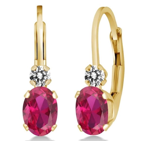 14K Yellow Gold with 1.07 Cttw Ruby and White Diamond Leverback Drop Earrings - Picture 1 of 4